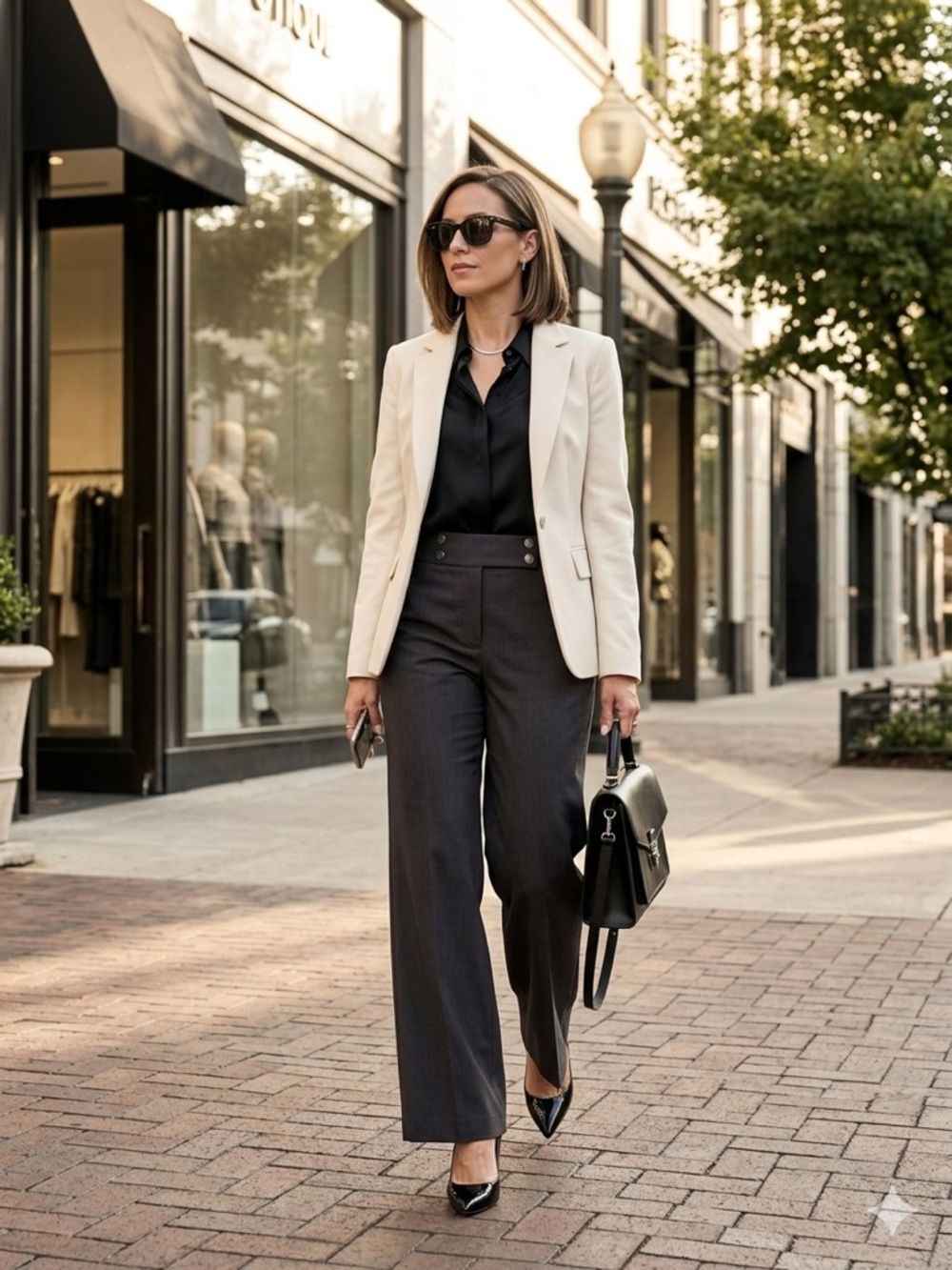 Calvin Klein Black Satin Blouse with Charcoal Wide-Leg Pants and Cream Blazer